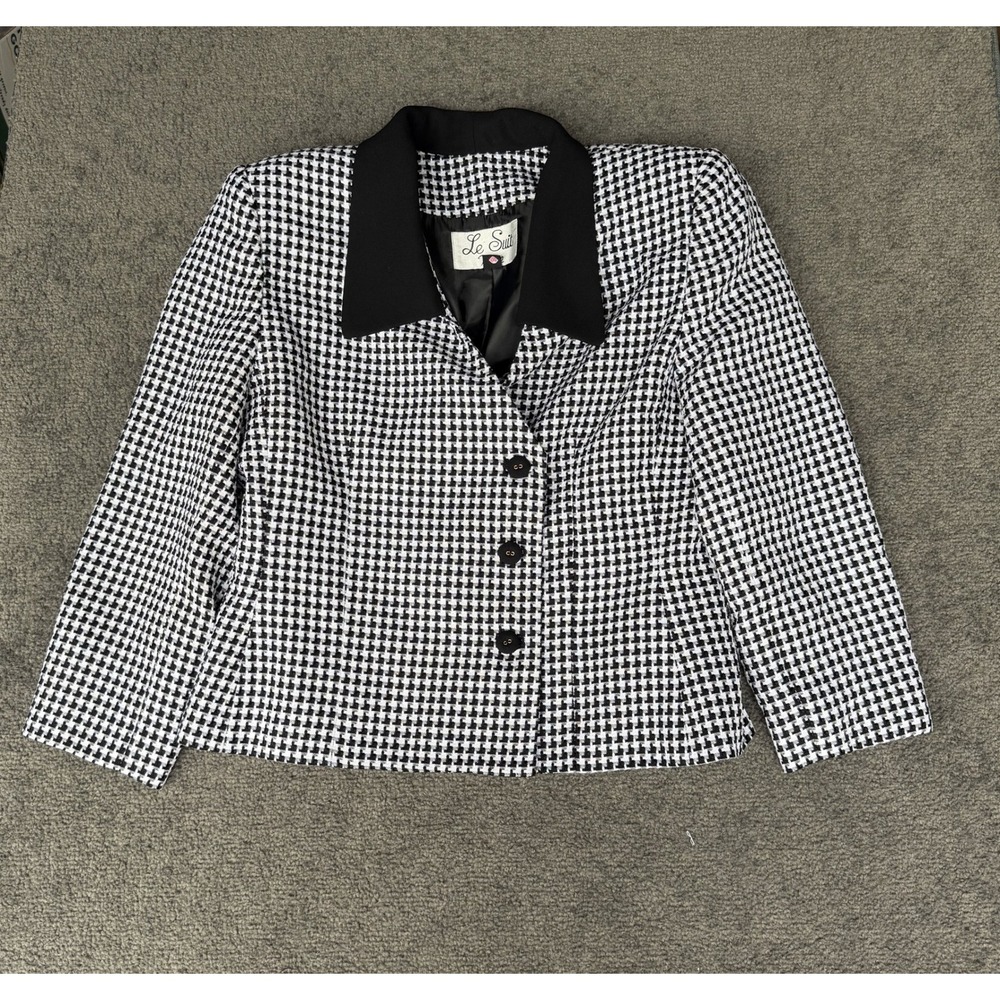 Le Suit Petite Black White Houndstooth Blazer Jacket Button Front Size 10P